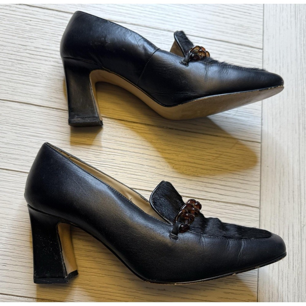 Stefani Vintage 70s Black 3" Block Heel Loafers W Fur Vamp & Tortoiseshell Chain